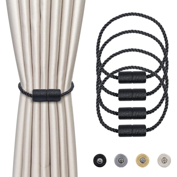 Magneettiset Verhoklipsit Mustat Punotut Verhokiinnikkeet Magneettiset Verhopidikkeet Verhoköysi 47cm - Verhovarusteet