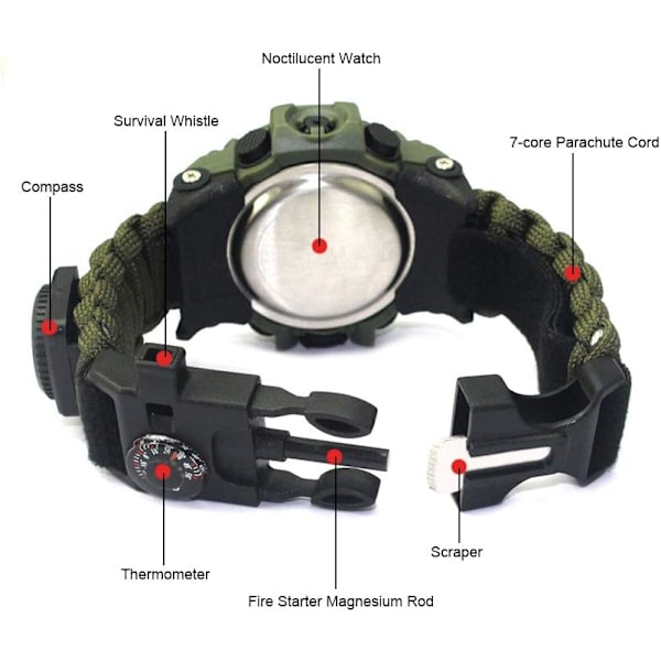 6-i-1 Överlevnadsarmbandsklocka för utomhus, nödsport vattentät armband Första hjälpen verktyg Army Green