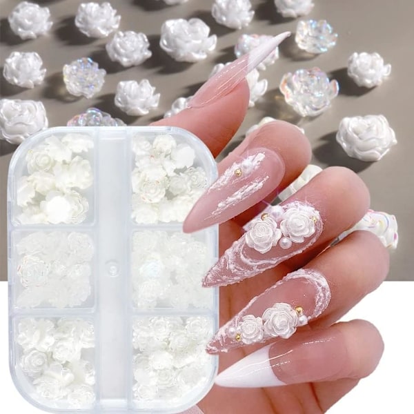 3D Akryl Blomspik Charm Vita Blommor Rosa Kamelia Naglar Dekoration Blommor Naglar Acc