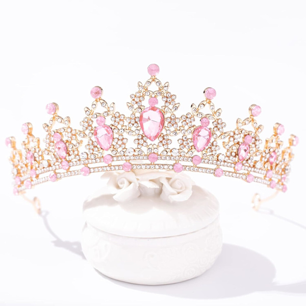 (Guld+Pink) Krystal Tiaraer til Kvinder, Bryllupstiaraer og Kroner til Kvinder Tiaraer til Piger Fødselsdagsfest Prinsessekrone