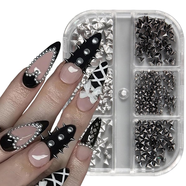 Glänsande Nagelberlocker i Legering för Akrylnaglar Mini Nagelkonst Nitar Svart och Silver Blandade Nagelstrass Söta Nagelsmycken och Ädelstenar DIY Hantverk Nagelkonst C