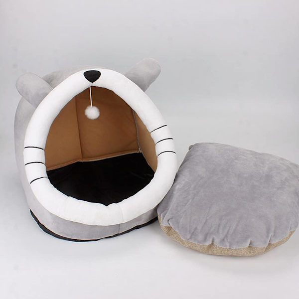 (L-48x45x40cm, Grå Katt) Katteseng Vaskbar Hulematte for Liten Hund Plysj med Avtakbar Seng for Katt og