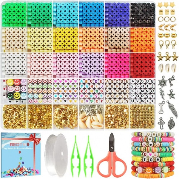(3600 stykker) Fladperlesæt, håndlavede bogstavperler i polymerler, farverige runde perler, alfabet