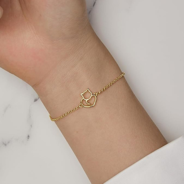 (Guld) 925 Sterling Silver Kedjeband med Katt Hjärta Berlock Justerbart Guldpläterat Armband, Chai