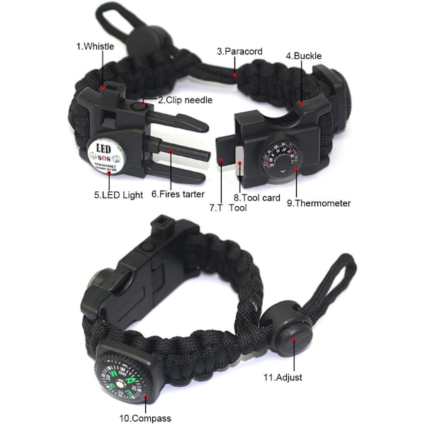 Pieces Paracord Selviytymisranneke miehille ja naisille, sotilaallinen Paracord-rannekesarja piikivellä + kompassilla + lämpömittarilla + pillillä + LED-valolla ulkoiluun,