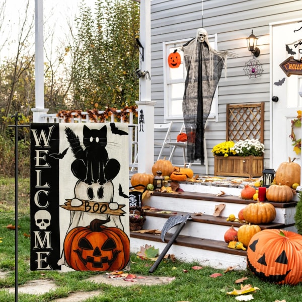 Halloween-banner, dubbelsidig trädgårdsflagga 30x45cm Skrämmande kattpump