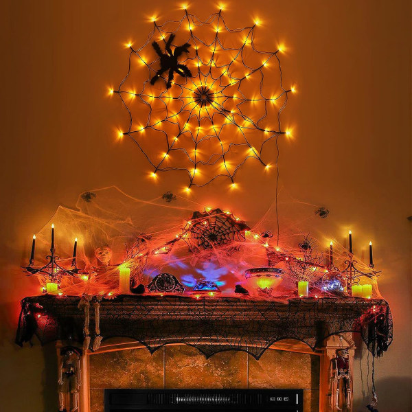 Spider Web 60 LED 3,25 Fod Diameter Lysende Spider Web Halloween Dekoration Sort Stoppet Spider T