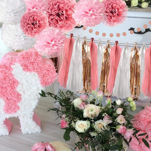 Rosa Roséguld Födelsedagsfest Dekorationer Set, Roséguld Glitter Grattis på Födelsedagen Banner, Silkespapper, Cirkelprickar Girlang och Tofs Girlang för Födelsedag