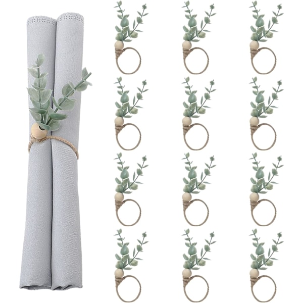 Napkin Rings Set of 12, Farmhouse Napkin Rings Eucalyptus Napkin Rings Wooden Napkin Rings Spring Rustic Green Leaf Napk