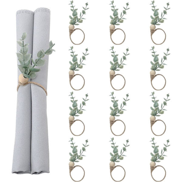 Set med 12, Eukalyptus Servettringar Julservettringar Gröna Blad Servettringar Vårträpärlor Rustika Servettringar