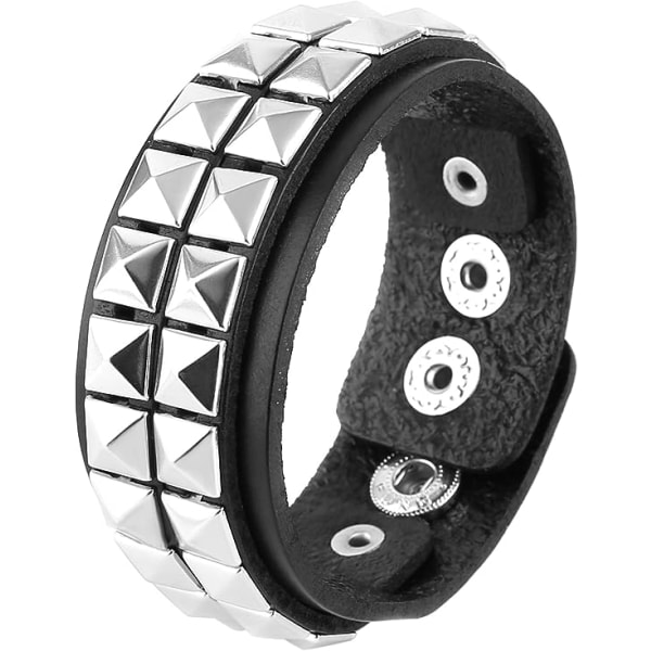 Unisex Svart Ekte Lær Armbånd med Sølvpyramide Nitter 8