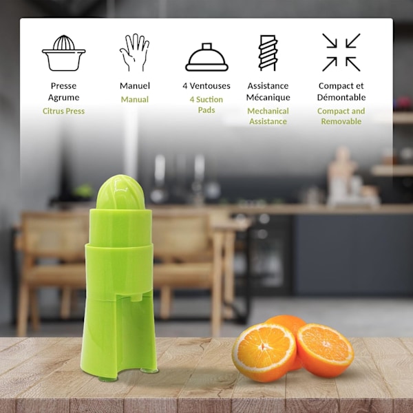 Citruspresser med Hældetud - Mekanisk Assistance - Hjemmelavet Presset Juice - Appelsin, Citron, osv. - Afrundet Pres - Hælder i Glas - På Sugekop
