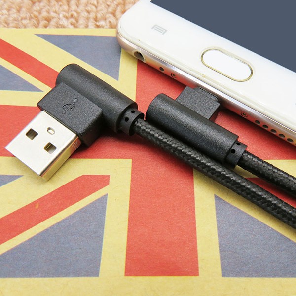 1 stk 25cm svart Android rettvinklet flettet datakabel, nylon USB-ladekabel