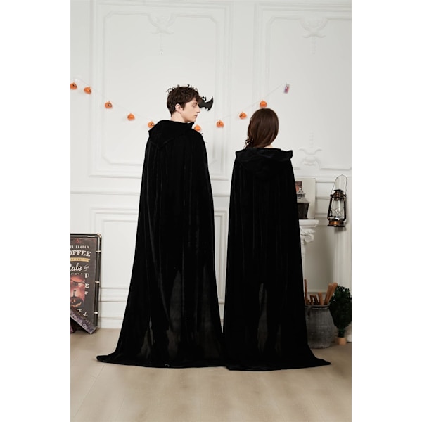 170cm Sort Kappe med Hætte Lang Fløjl Kostume Halloween Karneval Ch