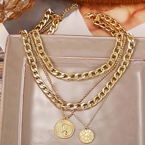 Punk Cuban Chunky Chain Guld Choker Lagt Halskæder Lagdeling Mønt Vedhæng Halskæde Flad Curb Tyk Kæde Multilayer Ne