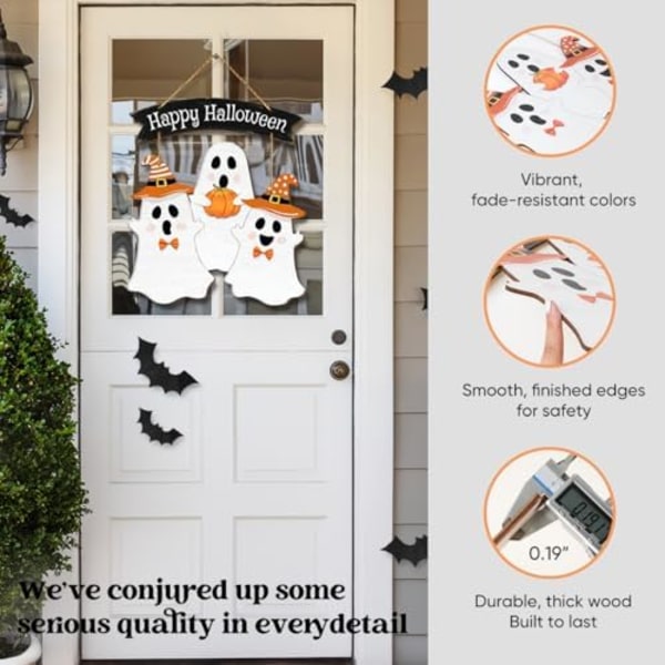 Happy Halloween Trehenger Skilt, Halloween Spøkelsesdørskilt BOO Dekorasjoner, Med 12 stk Glødende i Mørket Googly Wiggl