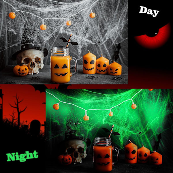 (300g, 60 edderkopper) Halloween edderkoppespind dekoration, glød edderkoppespind, falske edderkopper, Halloween edderkopper