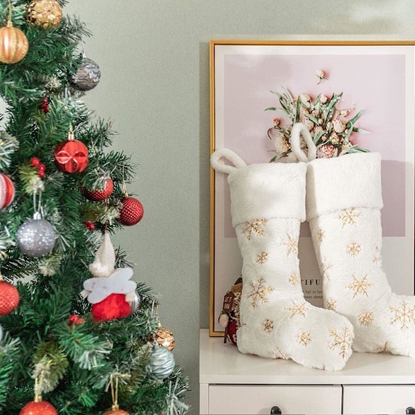 Plush Julepynt Sokker 2 stk Hvid Jule Strømpe Gave Sokker med Guld Snefnug til Julepejs D