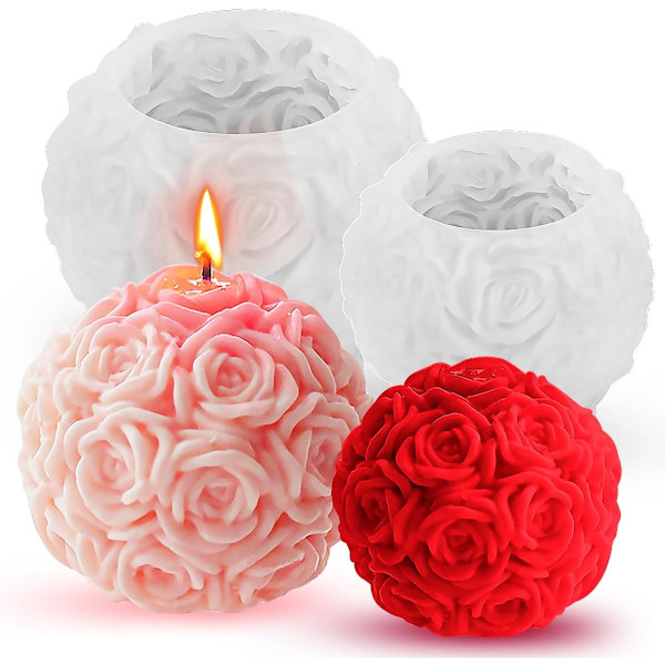 Set med 2 silikonljusformar 3D-ljusform i form av en rosenboll för doftljus, Valenti