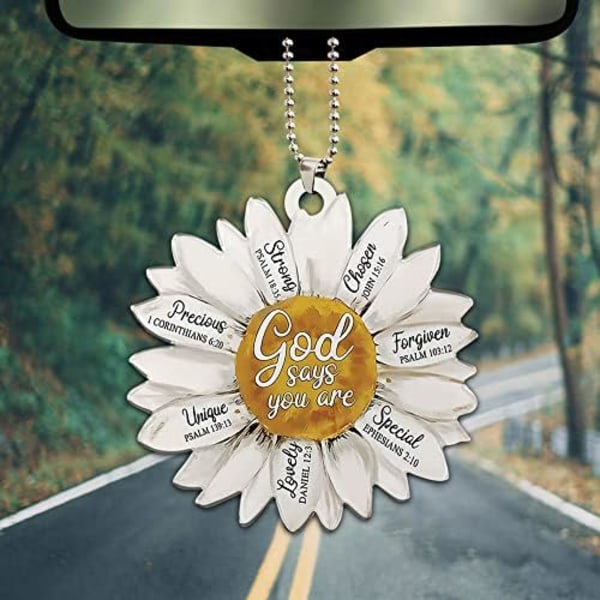 Vit Daisy Christian Jesus Gud Säger Du är Stark Utvald 2D Platt Bil Bakre Spegels Tillbehör Julgran Ornament