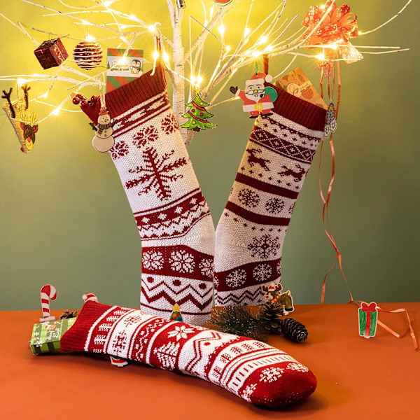 3-pack 18 tum Knittade Julstrumpor, Stora Rustika Garn Julstrumpor för Familjens Semesterdekorationer