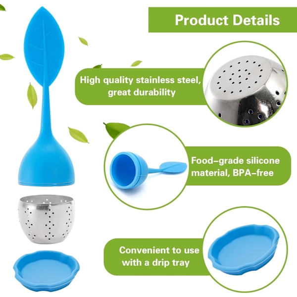 7-pack Silikon Teinfuser, Söt Lösbladste-sil, Finmaskig Tesil med Droppbricka, Rostfri Te Filterboll Te Diffuser