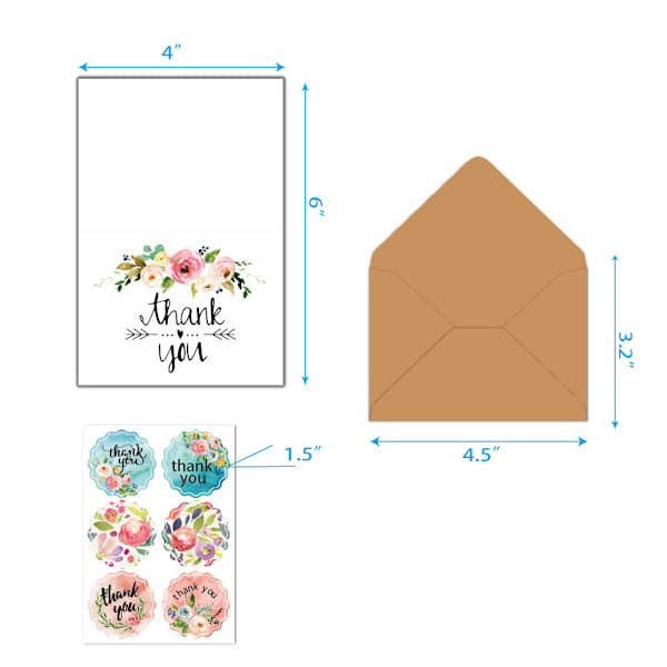 8 sett Takk-kort Multipack med konvolutter, Hver gratulasjonskort inkluderer 8 blomsterdesign Blanke