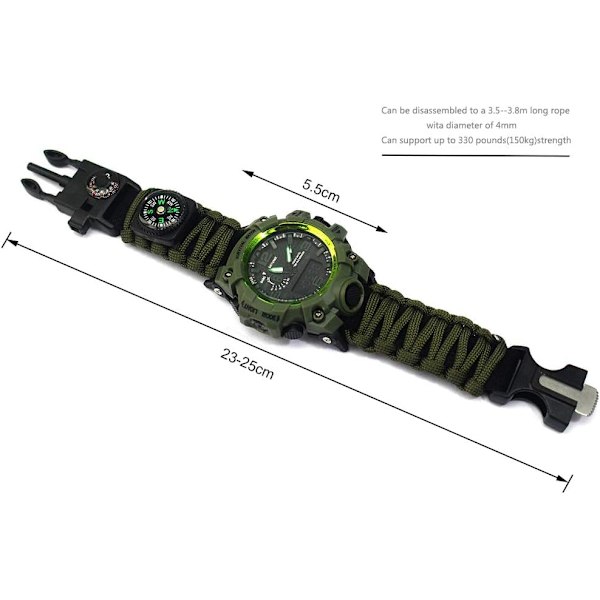 6-in-1 Ulkoilmaeläytymisrannekello, hätätilanteen urheilukello vedenkestävä ranneke ensiapuvälineet Army Green
