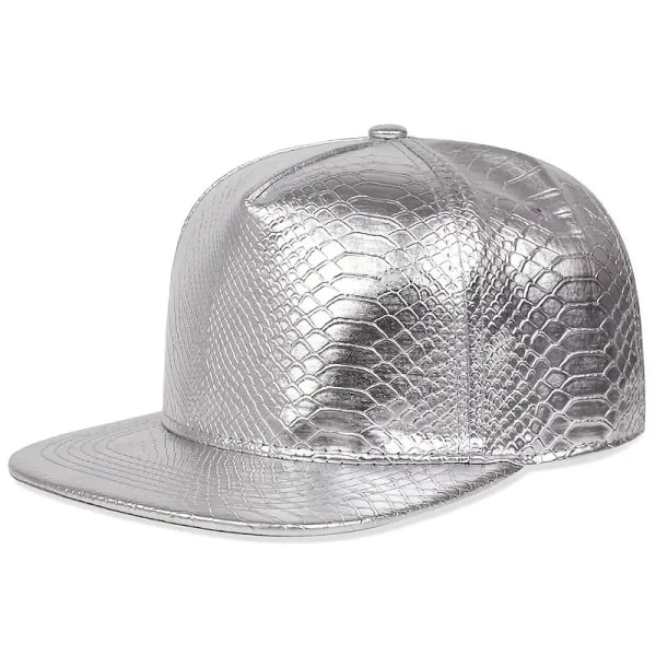 (Sølv）Hip-Hop baseballcaps Crocodile Hip Hop Hat PU Flat Rim B
