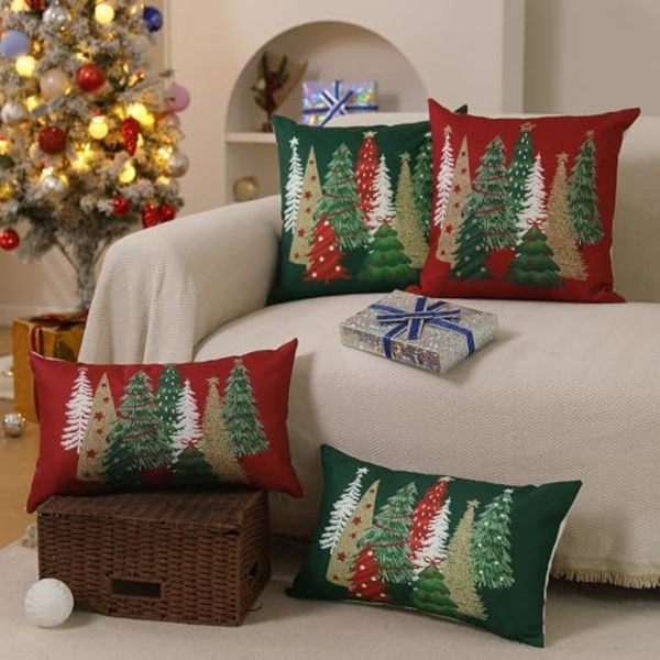Jul Kuddfodral 18x18 Tum Set om 2 Julgran Dekorativa Gröna Kuddar Vinter Jul Dekoration för Hemmet