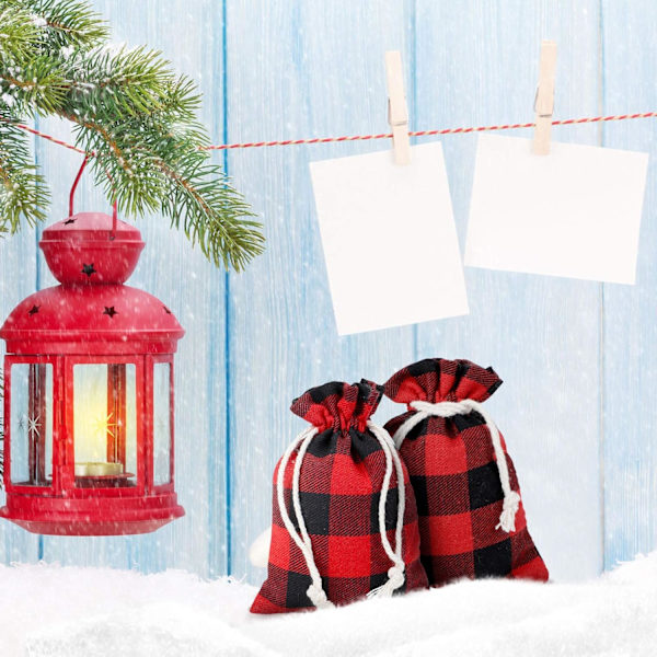 24 Styk Gaveposer Buffalo Plaid Burlap Snørepose Vaskbar Bomuld Julepose til Slikindpakning Julefest Favorit (Gen