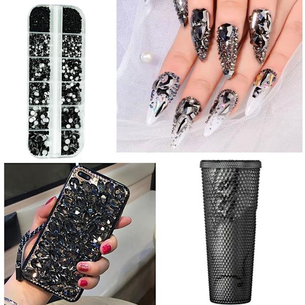 12 gitter hvide krystalrhinestones, sølv runde flade sten, assorteret, negle black