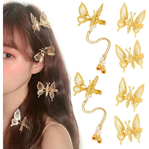 6 stk Guld sommerfugleclips, 3D sommerfugle hårclips med kvaster, sommerfugle hårtilbehør til kvinder