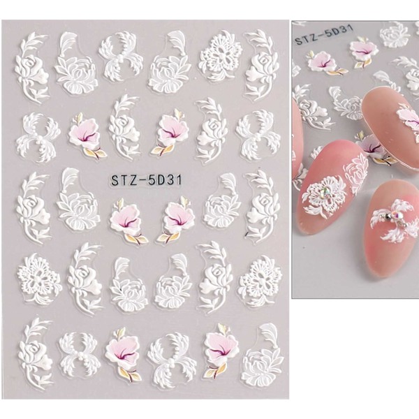 4 ark 3D präglade fjäderblommiga nagelkonstdekaler självhäftande 5D färgglada sommarblommor