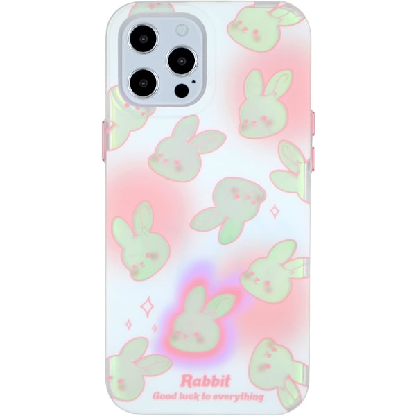 Rosa holografiskt kanin-telefonfodral för iPhone 12 Pro Max, Söt blomma laser koreansk tecknad kanin fodral för kvinnor flickor