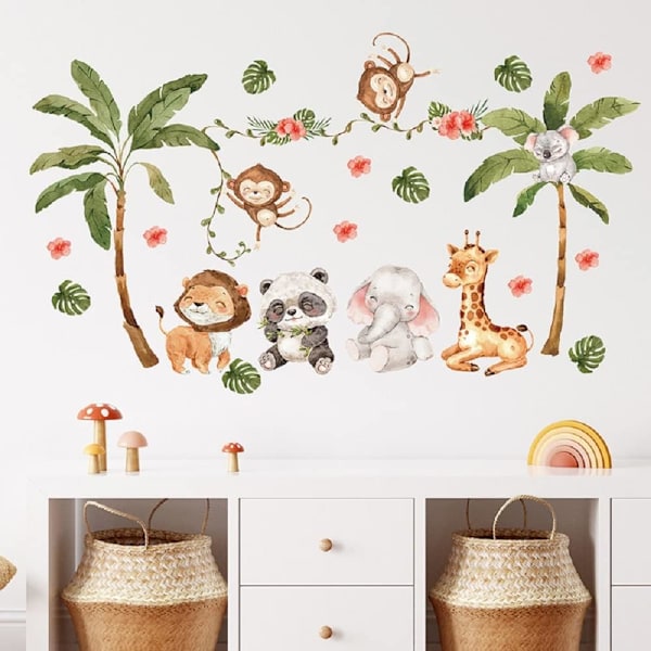 2 Ark med 12x24 tum Skog Kokosnötträd Väggdekal Woodland Apa Panda Lejon Giraff Elefant Väggdekaler 3D DIY Pe