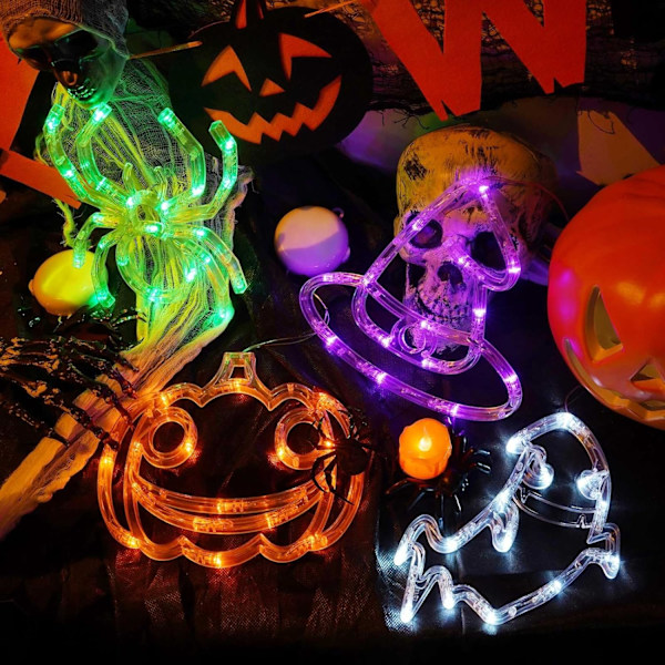 4-pack Halloween Dekorationer, Orange Pumpa Vit Spöke Lila Häxhatt Grön Spindel Batteridrivna Halloween Ljus