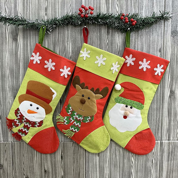 18\" 3-pack Julstrumpor i Polyester, 3D Tomte Snögubbe Rensa Snöflinga Julstrumpor Eldstadshängande Strumpor