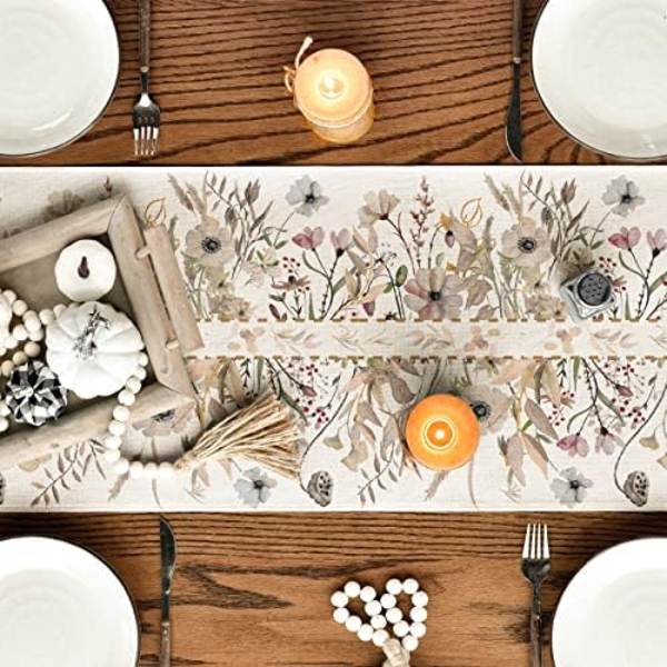 Vildblommor Löv Blommig Höst Bordlöpare, Höst Thanksgiving Kök Matbord Dekoration för Inomhus Utomhus Hem