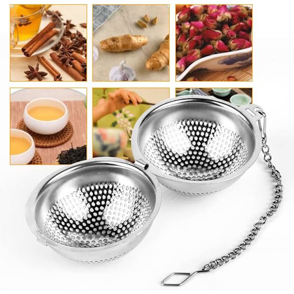 2 stk. teinfuser 5,5 cm, teinfuser i rustfrit stål med kæde og drypbakke, tesilbold,