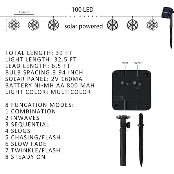 100 LED solcells drivna snöflinga julbelysning utomhus, 39 fot solcells drivna snöflinga ljusslinga vattentät