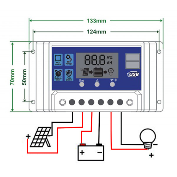 Aurinkoenergian latausohjain, 12V/ 24V aurinkopaneelien latausohjain 5V kaksois-USB-portin näytöllä, säädettävissä 30A