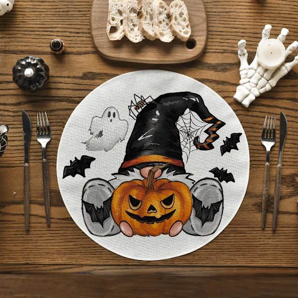 Kurpitsa-tonttu Halloween pyöreät pöytäliinat, 4 kpl setti, 15 tuuman pöytämatot juhliin, keittiöön ja ruokailuun
