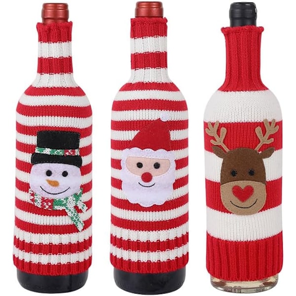 Set of 3 Christmas Wine Bottle Covers: Reindeer & Snowman Design, Wool Acrylic Knit Stripe, Red Wine & Champagne