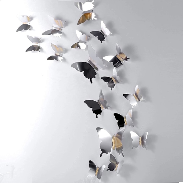 (sølv) 48 stk sommerfugl veggdekor DIY speil 3D sommerfugl S
