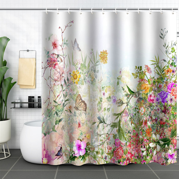 Bruseforhæng, Stof Bruseforhæng Farvede Blomster Bruseforhæng - 180x180cm med 12 Kroge til Hjem Hoteller Bruseforhæng