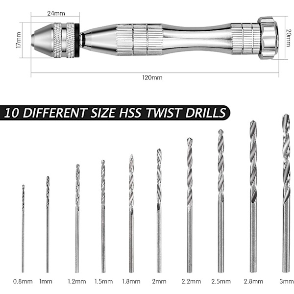 Mini handborr med 10 mikro-twistborr 0,8 mm-3,0 mm