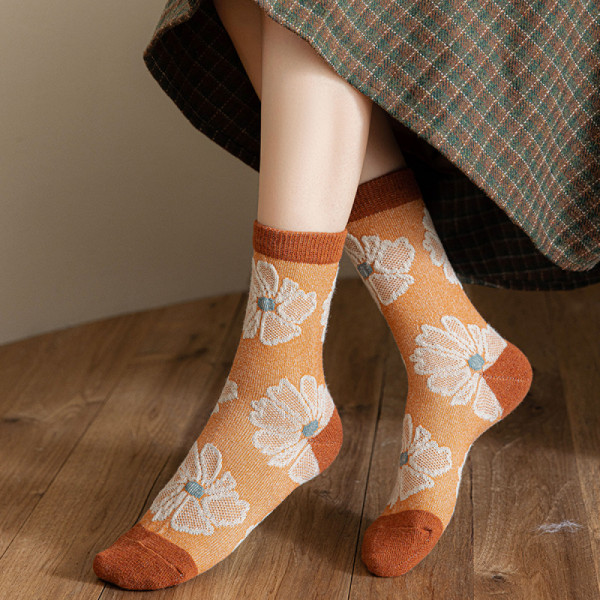 Retro Blommiga Sockor, Damullsockor för Höst, Vinter Mellankalvsockor, Tjockare och Sammetslen Ytter