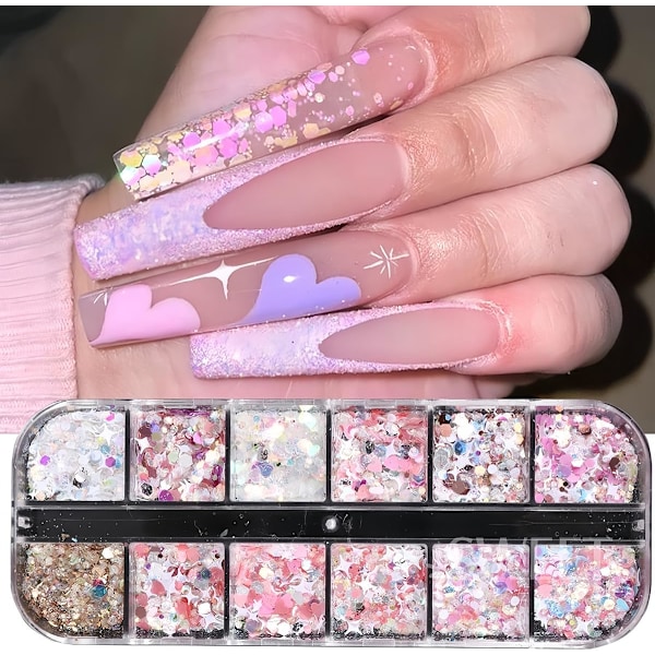 3 st 12-rutors nagelkonst glittersekvenser, holografiska hexagon chunky nagelglitter glänsande hjärta sjöjungfru nagelflingor sekvenser