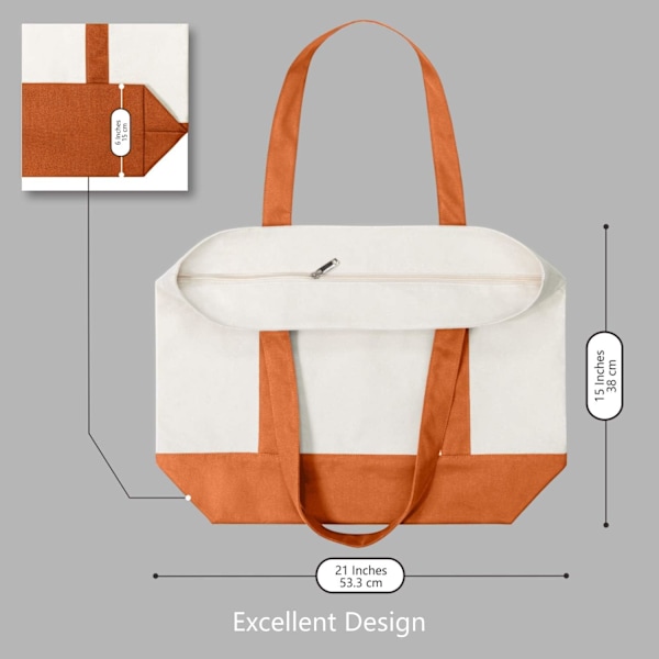 (Orange+Hvid) 1-Pak Mode Canvas Tote Taske med Ekstern Lomme og Lynlåslukning i Toppen, Daglig Ess